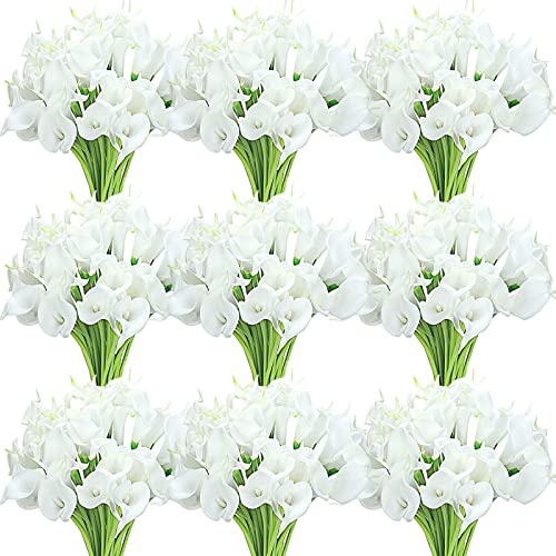 Janinka 60 Pieces Calla Lily Artificial Flowers Bulk Calla Lilies Bouquet for Wedding Fake Real Touch Faux Bridal Bouquet Silk Lily Bouquet for Home Party Decoration, 14 Inch (White)