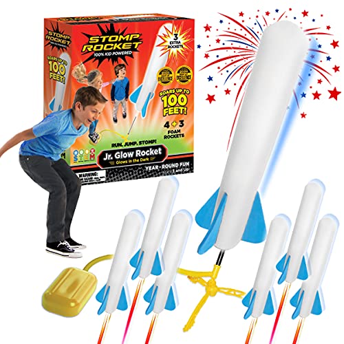 Stomp Rocket Jr Glow Rocket Launcher for Kids, 7 Rockets - Glow in The Dark Fun Backyard & Outdoor Kids Toys Gifts for Boys & Girls -Toy Soft Foam Blaster Set - Multi-Player Adjustable Launcher Stand