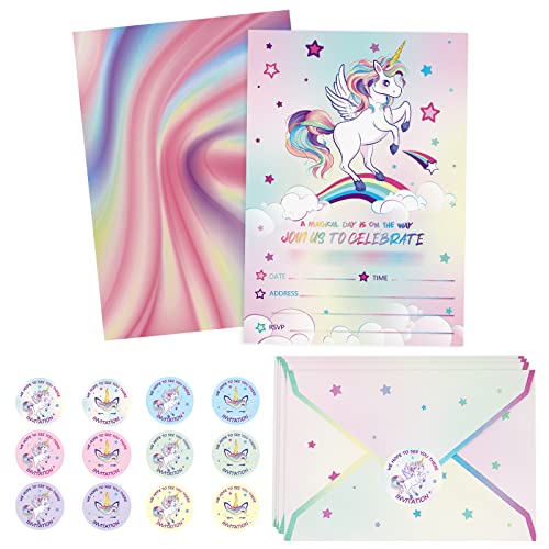 WERNNSAI Unicorn Party Invitation - 24PCS Rainbow Unicorn Party Supplies Fill-in Invitations with Envelopes for Girls Birthday Baby Shower Double-sided Printed Invite Cards