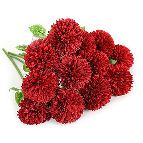 Floweroyal 12pcs Artificial Chrysanthemum Ball Flowers Silk Hydrangea Bridal Wedding Bouquet for Home Garden Party Office Coffee House Decoration (Red).