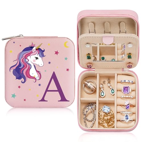 Parima Unicorn Gifts for Women - Unicorn Gift for 4-16 Year Old Girl |Christmas Birthday for Daughter Granddaughter Niece | Teenage Gift Idea | Cute Travel Jewelry Case Box - Letter A, Pink