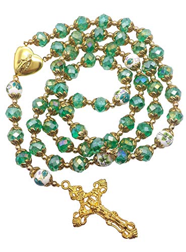 Nazareth Store Catholic Green Crystal Beads 10mm Gold Rosary Flowers Beaded Necklace Miraculous Heart Locket Medal & Cross Religious Women Men Amulet 21' in Velvet Bag