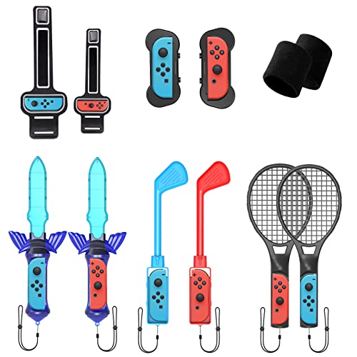 Doohoeek Accessories Bundle 12 in 1 for Nintendo Switch Sports 2023, Switch Accessories Kit for Switch OLED like Tennis rackets, Grips, Golf Clubs, Swords, Leg and Arm Straps for Switch Family Party