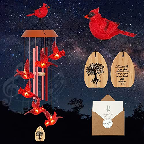 Cardinal Bird Solar Wind Chimes Outdoor, Cardinal Wind Chimes for Outside Gifts for Women/Mom/Grandma, 35' LED Windchimes Outdoor Christmas Birthday Cardinal Gifts Memorial Gifts Home Garden Decor