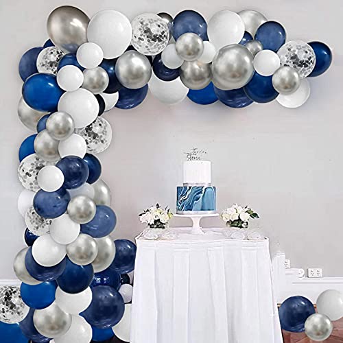 124pcs Blue Silver White Balloons Garland Arch Kit 5” 10” 12 Inch Royal Navy Blue White Metallic Silver Confetti Set with LED String Light for Birthday Wedding Graduation Party Father's Day Decor