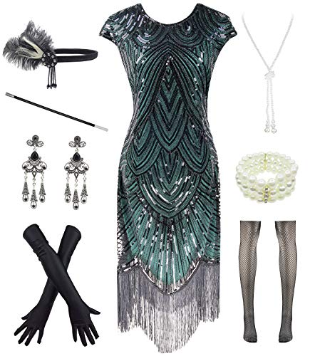 Letter Love Women 1920s Vintage Flapper Fringe Beaded Gatsby Party Dress With 20s Accessories Set (L, Black Green)