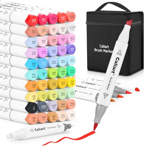 Caliart Alcohol Brush Markers, 51 Colors Dual Tip Artist Brush & Chisel Tip Sketch Art Markers, Aesthetic Cute Preppy Stuff School Supplies, Pens for Lettering Cards Drawing Mothers Day Gift for Mom