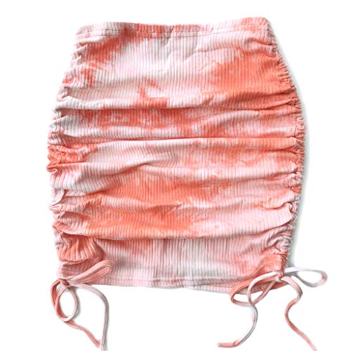 HPLY Women's Tie-dye Slim Sexy Mini Party Short Skirt with Tunable Drawstring Ruched Pink