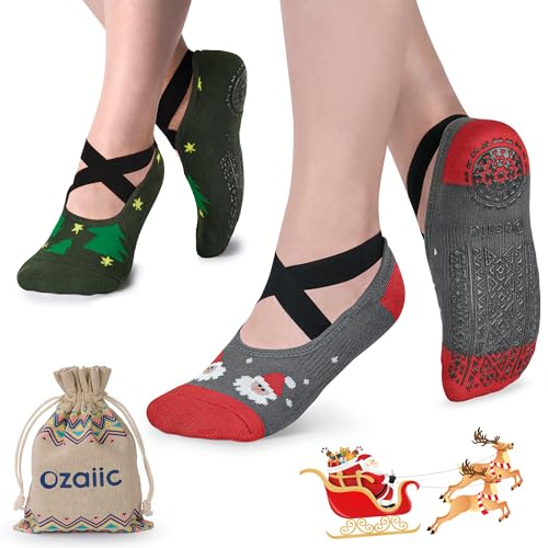 Ozaiic Yoga Socks Christmas Socks for Women Non-Slip Grips & Straps, Ideal for Pilates, Christmas Gifts, Pure Barre, Ballet, Dance, Barefoot Workout
