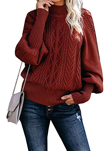 Dokotoo Womens Winter Cozy Turtleneck Cable Knit Balloon Long Sleeve Sweaters Chunky Loose Fashion Pullovers Sweaters Outerwear Jumpers Red M