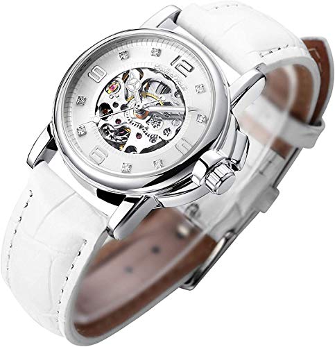 Gute Women's Watch Luxury Mechanical Stainless Steel Skeleton Steampunk Automatic Self Winding PU Leather Wristwatch