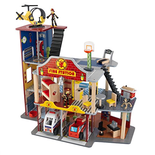 KidKraft Deluxe Wooden Fire Rescue Play Set with Ambulance, Fire Truck, Helicopter, Firefighters, 27 Pieces ,Gift for Ages 3+