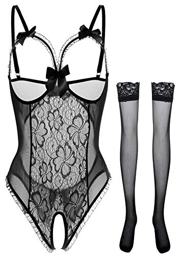Lingerie for Women One-Piece Teddy Lingerie Sexy Bodysuit Lace Nightie S-3XL(A-Black,S)