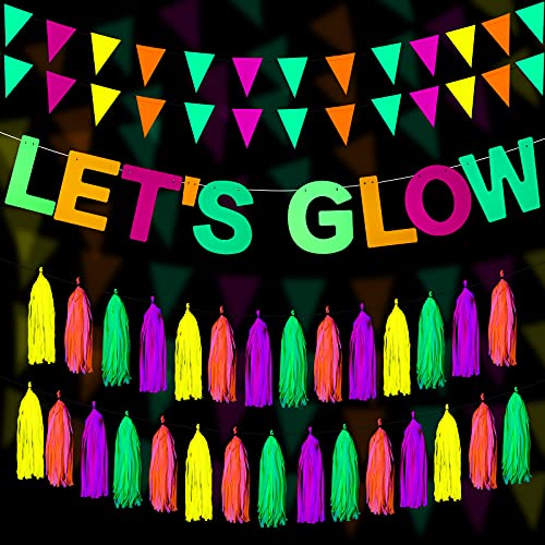 Outus Neon Party Supplies Includes Let's Glow Banner 20 Pieces Neon Paper Tassels and Neon Triangle Flag Glow in The Dark Party Supplies Bunting Party Hanging Decorations for Birthday Christmas Party