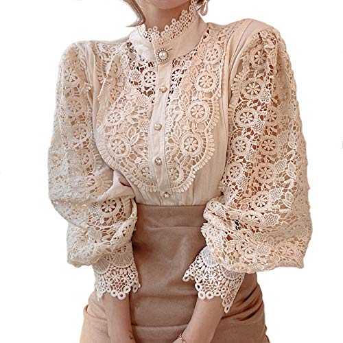 Women’s Stand Collar Lace Patchwork Shirts Casual Hollow Out Flower Petal Sleeve Button Tops(S,Apricot)