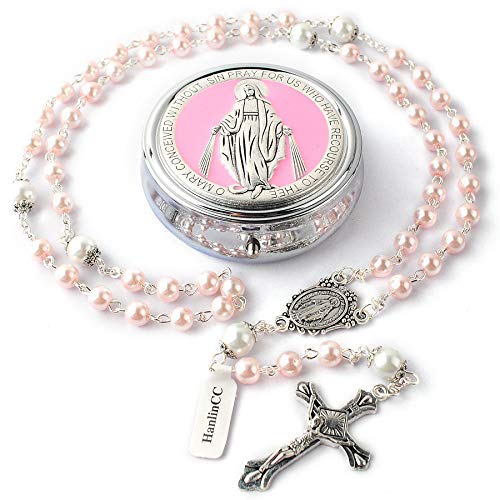 HanlinCC 6mm Glass Pearl Beads with 8mm Our Father Beads with Caps Rosary Pack in Miraculous Metal Gift Box (Pink Rosary with Miraculous Gift Box)