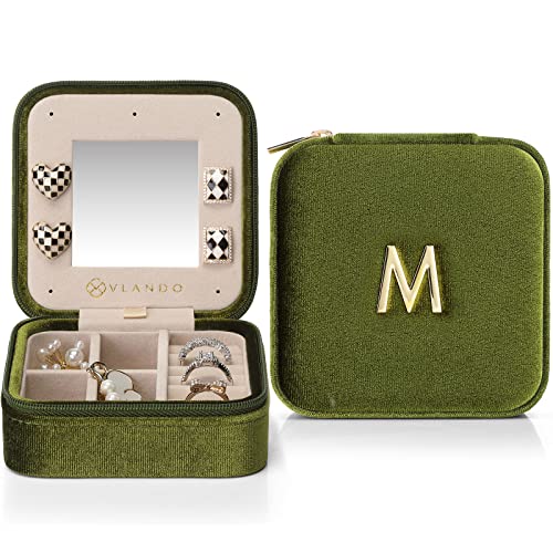 Vlando Plush Velvet Travel Jewelry Case, Personalized Initial Jewelry Boxes for Women Girls, Mini Jewelry Travel Organizer Travel Essentials for Birthday Gifts for Friend Teen Girls - Letter M, Green