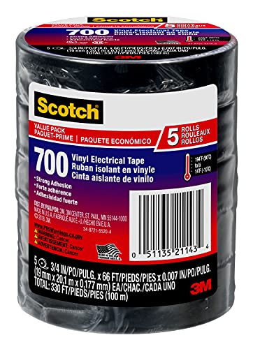 Scotch Vinyl Electrical Tape, Black, 3/4-in x 66-ft, 5-Rolls
