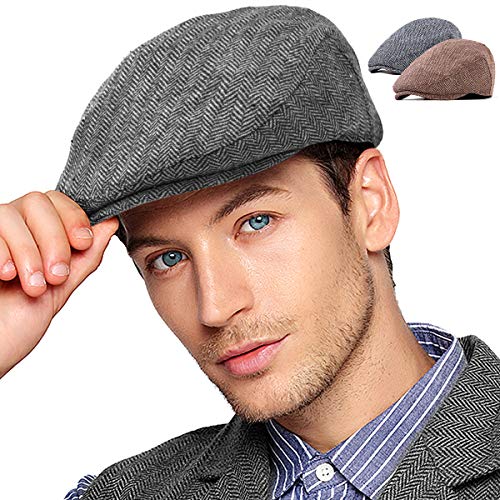 LADYBRO Brown+Grey Newsboy Cap - Cabbie Cap Irish Wool Cap for Men Hat Hunting 2 Pack, Size 7 5/8, fits hc 22 7/8' - 23 7/8'