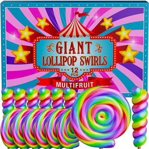 Large Rainbow Lollipops Swirl & Round Lollipops 12pk- Large Lollipops Individually Wrapped For Carnival Party Favors - Giant Lollipops,Jumbo Lollipops,Big Lollipops,Swirl Lollipops,Carnival Lollipops