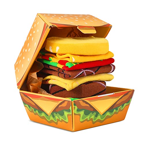 Funny Burger Socks Box for Men Dad Women Teen Boys - Funny Gifts Hamburger Fun Novelty Funky Crazy Silly Cool Cute Food Socks-Father Valentines Day Birthday Gag Christmas Gifts Stocking Stuffers
