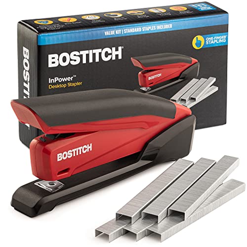 Bostitch Stapler with 1260 Staples - InPower Red Spring Powered Stapler - Built-in Staple Remover - Staple Storage Compartment - One Touch Heavy Duty for Desk