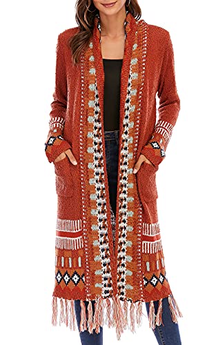 CGYY Women's Retro Style Hippie Pattern Long Tassel Cardigan Southwest US Boho Sweaters Aztec Cardigan with Pockets