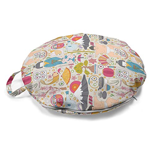 Lunarable Japanese Round Floor Cushion with Handle, Sushi Mount Hill Sumo Wrestler Land of The Rising Sun Motifs Travel Holiday, Decorative Pillow for Living Room & Dorms, 18' Round, Multicolor