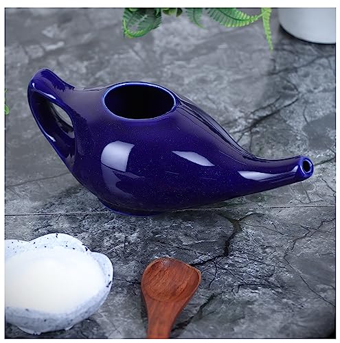 Leak Proof Durable Porcelain Ceramic Neti Pot Hold 230 Ml Water Comfortable Grip | Microwave and Dishwasher Safe eco Friendly Natural Treatment for Sinus and Congestion - Blue