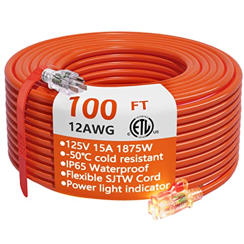 12/3 Gauge Heavy Duty Outdoor Extension Cord 100 ft Waterproof with Lighted end, Flexible Cold-Resistant 3 Prong Electric Cord Outside, 15Amp 1875W 12AWG SJTW, Orange, ETL HUANCHAIN