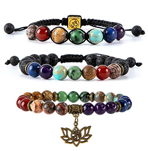 Bivei Beaded Bracelets 7 Chakra Crystal Healing Beads Bracelet Yoga Meditation 8mm Real Stones Anxiety Gemstone Adjustable Braided Bracelet for Women Jewelry (Lotus OM)