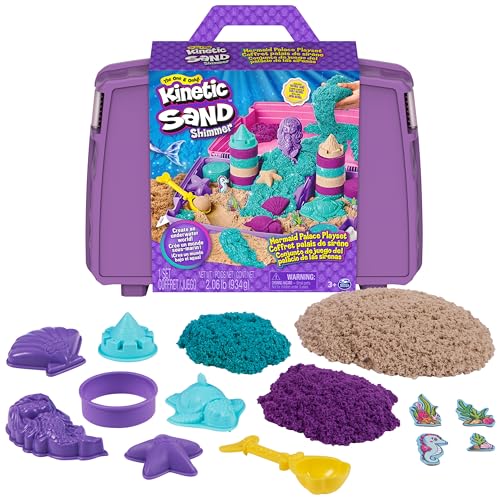 Kinetic Sand, Mermaid Palace Playset, Over 2lbs Play Sand (Neon Purple, Shimmer Teal & Beach Sand), Reusable Sandbox, Tools, for Kids