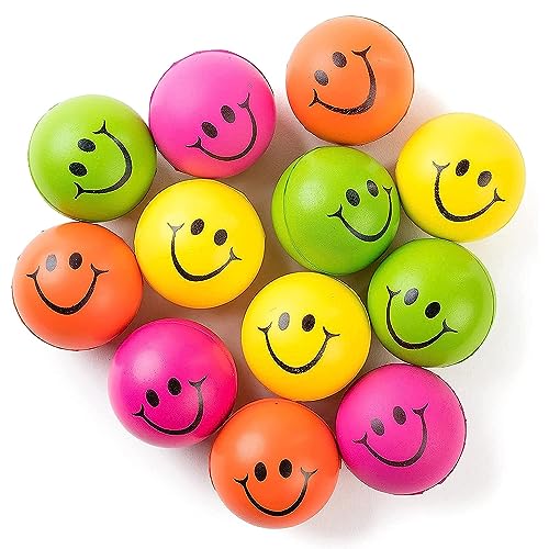 Be Happy! Neon Colored Smile Funny Face Stress Ball - Happy Face Squishies Stress Foam Balls for Soft Play - Bulk Pack of 12 Relaxable 2.5' Stress Relief Smile Squeeze Balls Fun Toys - Toddler Balls