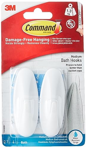 Command Designer Bath Hooks, Medium, White, 2-Hooks with Water-Resistant Strips (17081B-ES), Organize your dorm