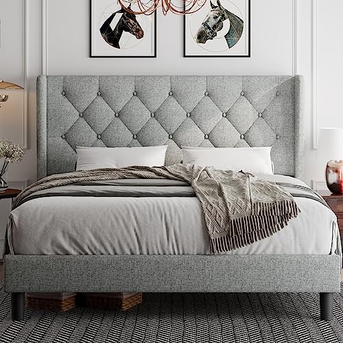 iPormis Queen Bed Frame Upholstered Wingback Platform Bed Frame with Diamond Button Tufted Headboard, 8' Under-Bed Space, Sturdy Wooden Slats, Noise-Free, No Box Spring Needed, Light Gray