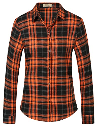 SSLR Flannel Shirts for Women, Womens Fall Fashion 2023, Plaid Shirts, Long Sleeve Button Down Shirts Lightweight Casual (Medium, Orange Black)