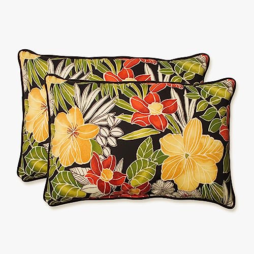 Pillow Perfect Tropic Floral Indoor/Outdoor Accent Throw Pillow, Plush Fill, Weather, and Fade Resistant, Large Lumbar - 16.5' x 24.5', Black/Green Clemens, 2 Count