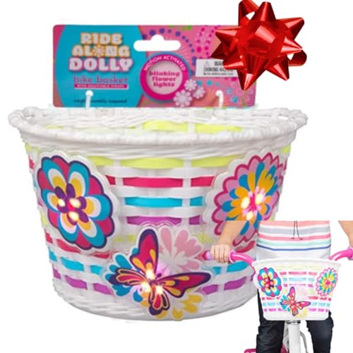 Ride Along Dolly Bike Basket for Girls w Safety Lightups -Kid's Bicycle Accessories with 3 Motion Activated Blinking Flowers & Butterfly Decor-(Fits Most Bikes) for Snacks, Dolls, Bears