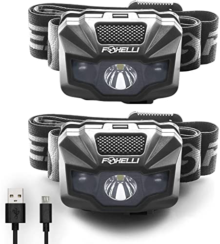 Foxelli 2-Pack LED Headlamp Rechargeable – Ultralight USB Rechargeable Headlamp Flashlight for Adults & Kids, Waterproof Head Lamp with Red Light for Running, Camping, Hiking & Outdoor