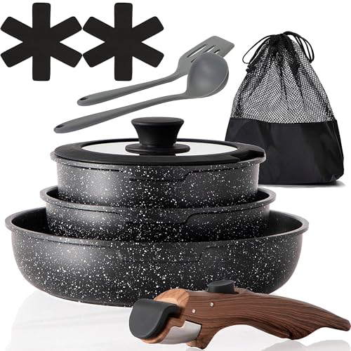 MAISON ARTS Detachable Handle Pots and Pans - 10 Piece Nonstick Induction Cookware Set, Black Granite Cooking Set, Ideal for Camping and RVs