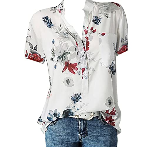 Womens Summer Tops Plus Size Casual Button Up Short Sleeve V-Neck Henley Tops Vintage Boho Floral Printed Tunic Blouse(05#White,Medium)