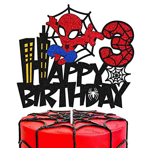 Spider 3rd Birthday Cake Topper Spider Cartoon Movie Themed Happy 3s Birthday Cake Decorations for Men Boy Children Bday Party Supplies Double Sided Glitter Black Décor