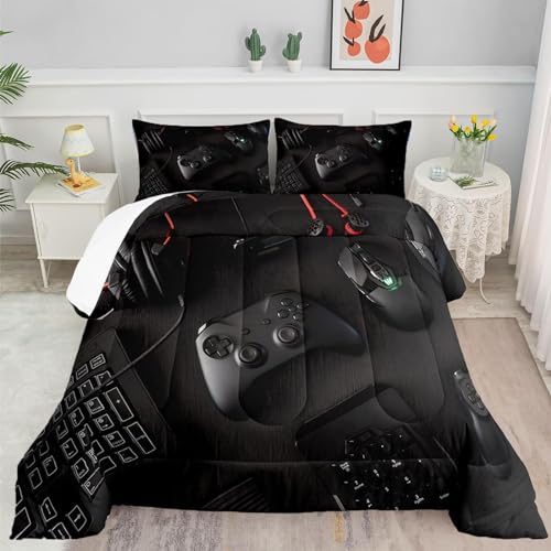 YHXSLY Gamer Comforter Set Twin Size for Boys Kids 3D Gaming Microfiber Quilts Black Video Game Bedding Sets Room Decor (Color 1,Twin)