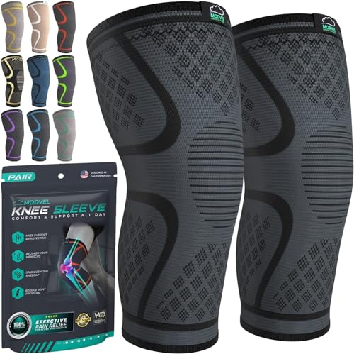 Modvel Compression Knee Brace for Women & Men - 2 Pack Knee Brace for Women Running Knee Pain, Knee Support Compression Sleeve, Workout Sports Knee Braces for Meniscus Tear ACL & Arthritis Pain Relief