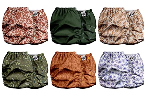 Mama Koala 2.0 Cloth Diapers for Babies with AWJ Lining, 6 Pack with 6 Bamboo Cloth Diaper Inserts - Reusable and Washable Pocket Diapers(Neutral Leaves)