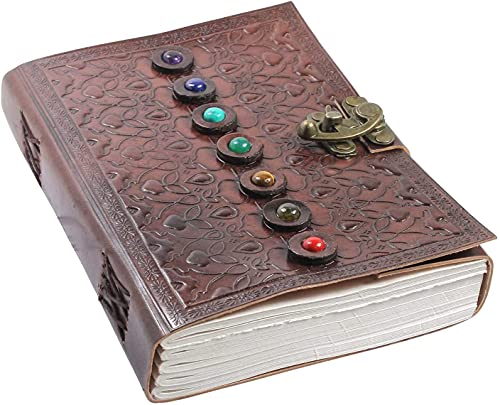 AzureGreen Leather Book of Shadows Journal, Supernatural Notebook with Chakra Gem Stones Healing Crystals and Latch (Brown Single Lock)