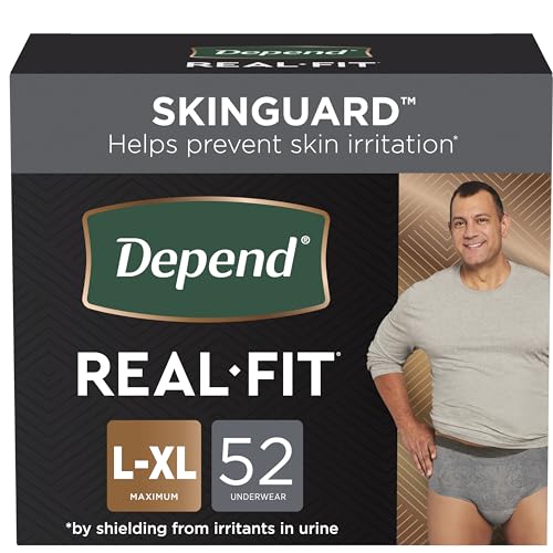 Depend Real Fit Incontinence Underwear for Men, Disposable, Maximum Absorbency, Large/Extra-Large, Grey, 52 Count (2 Packs of 52), Packaging May Vary