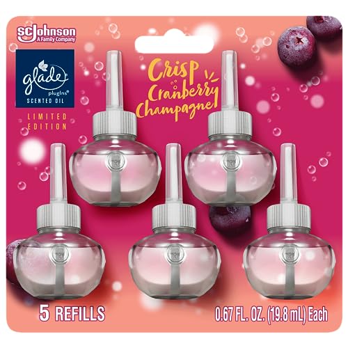 Glade PlugIns Refills Air Freshener, Scented and Essential Oils for Home and Bathroom, Crisp Cranberry Champagne, 3.35 Fl Oz, 5 Count