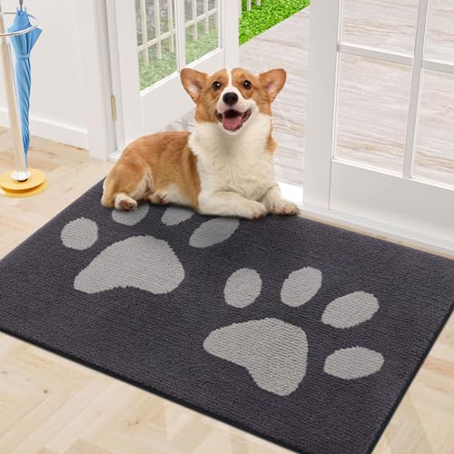 Buganda Dog Door Mat for Muddy Paws, Absorbent Dirt Trapper Washable Indoor Door Mat, Non Slip Low-Profile Mud Mat for Dogs, Front Entrance Door Mat for Inside Floor (30x20 Inches, Dark Grey)
