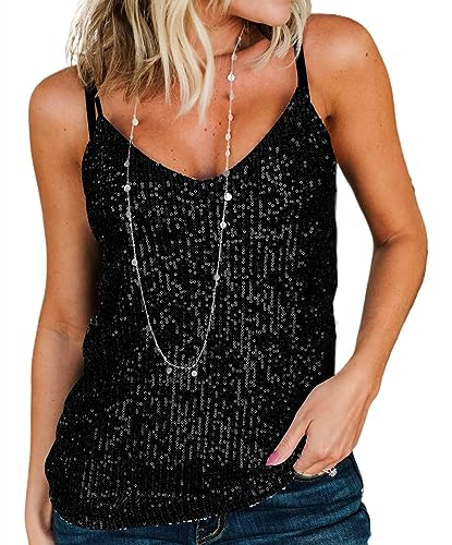 lime flare Women Sexy Sparkle Shimmer Cami Tank Tops Las Vegas Disco Sequin Camisole (Black,Medium)